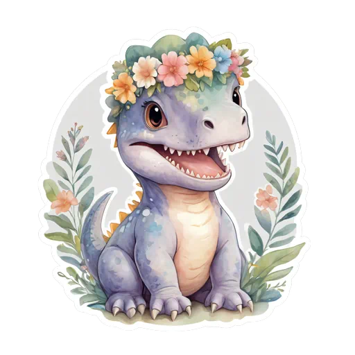 Cute watercolor baby T-Rex wearing a colorful flower crown with soft purple and blue scales in sticker style.