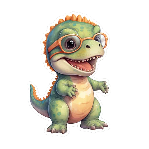 A cute green baby T-Rex wearing oversized orange glasses and orange spikes, illustrated as a sticker.