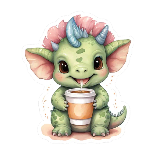 Cute green baby triceratops with pink frills holding a coffee cup in a soft watercolor sticker style.