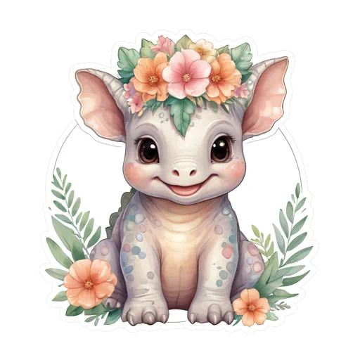 Cute watercolor baby triceratops wearing a pink and orange floral crown with green leaves on a white background.