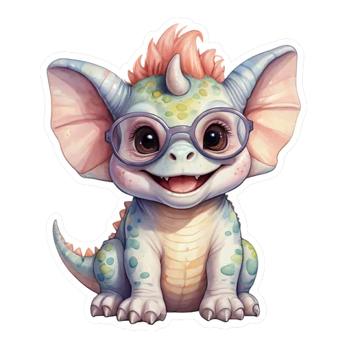 Cute baby triceratops sticker with purple glasses, pink hair, and pastel green scales in a watercolor style.