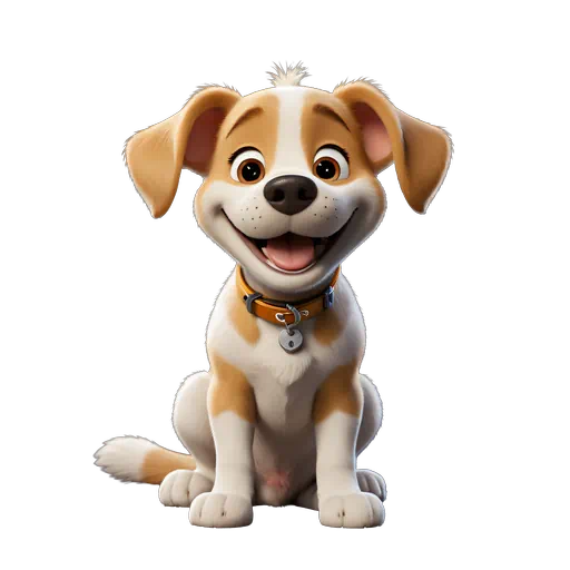 3D animated brown and white puppy dog smiling happily, wearing an orange collar, isolated on white background.