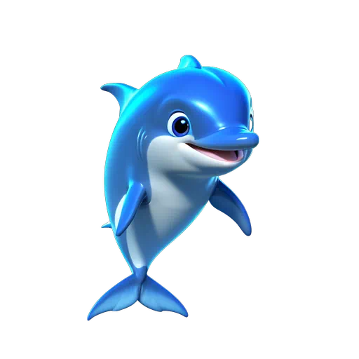 Vibrant 3D animated blue dolphin with a friendly smile, glossy finish, and white underbelly.