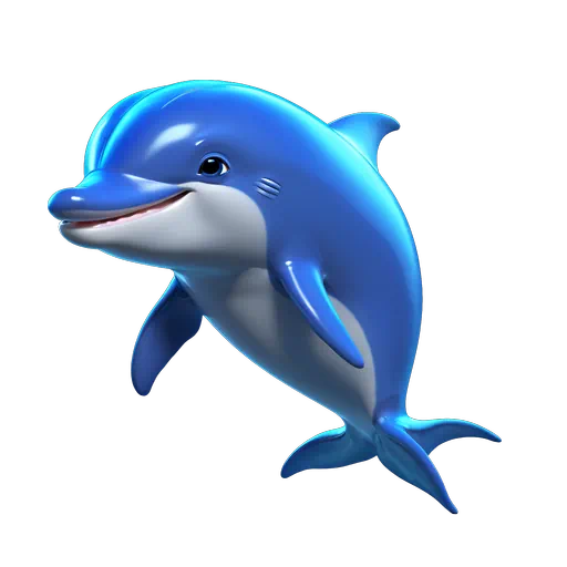 Vibrant blue and white 3D cartoon dolphin with a friendly smile and glossy finish.