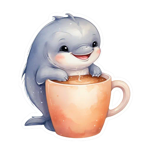 Cute watercolor gray dolphin smiling and holding a peach coffee mug with steam, white sticker border style.