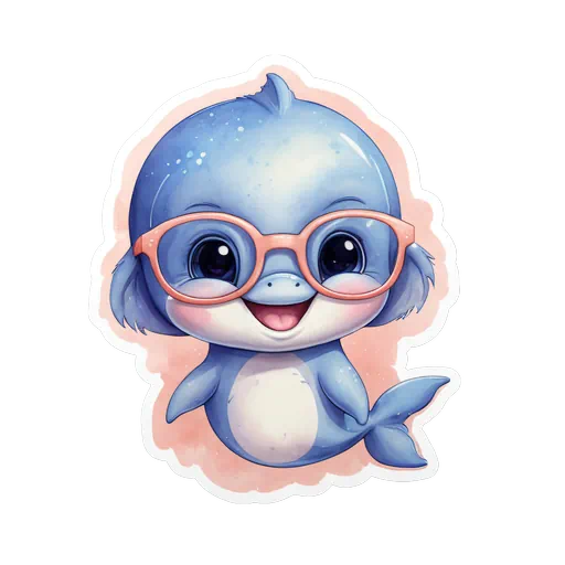 A cute blue cartoon dolphin with large black eyes and pink glasses in a watercolor sticker style.