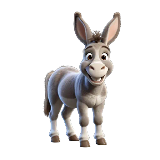 Cute 3D animated grey donkey with large ears and a friendly smile, isolated on a white background.