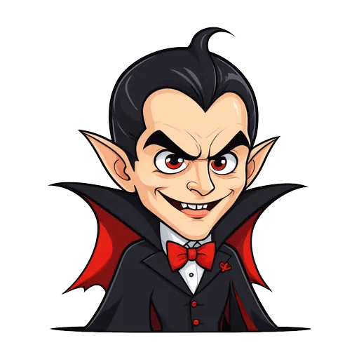 Cartoon vampire with black hair, red bow tie, and high-collared cape in a bold, illustrative sticker style.