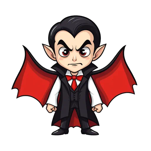 Cartoon little Dracula with red bat wing cape and black suit, angry expression, high contrast red and black.