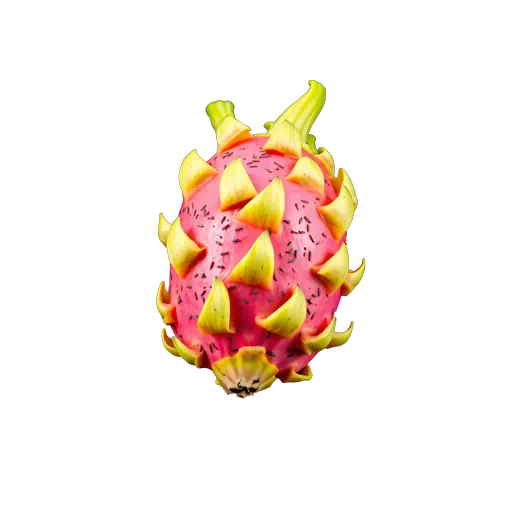 Vibrant pink dragon fruit with yellow-green scales isolated on a white background, studio photography style.