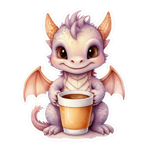 Cute pastel purple baby dragon sticker holding a coffee cup in a whimsical watercolor illustration style.