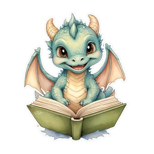 Cute mint green baby dragon reading a green vintage book in a whimsical watercolor sticker style.