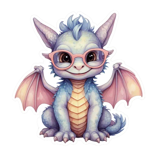 Cute purple and blue watercolor baby dragon wearing oversized pink glasses in a sticker style with white border.