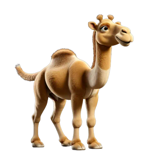 Animated 3D dromedary camel character with tan fur and single hump, realistic digital art style.