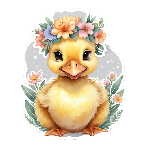 Watercolor yellow duckling wearing a colorful floral crown with pink and orange blossoms and green leaves sticker.