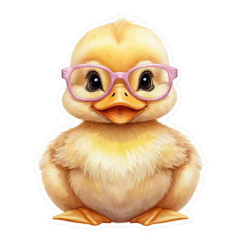 Cute yellow duckling wearing oversized pink glasses in a white-bordered sticker style digital illustration.