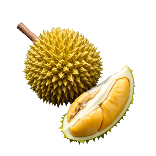 Vibrant whole spiky durian and a fresh slice with golden yellow pulp, isolated on a white background.