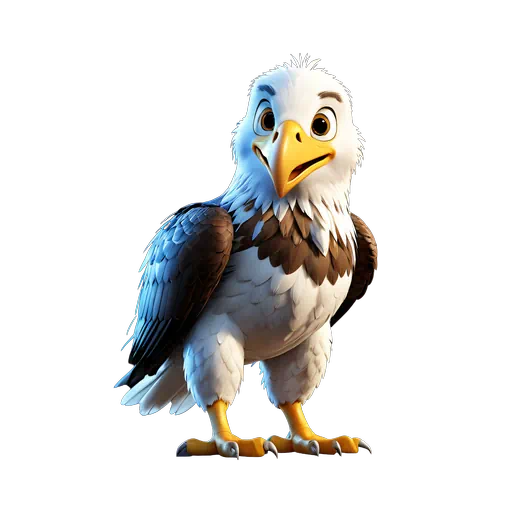 Stylized 3D cartoon bald eagle illustration with white feathers, brown wings, and a bright yellow beak.