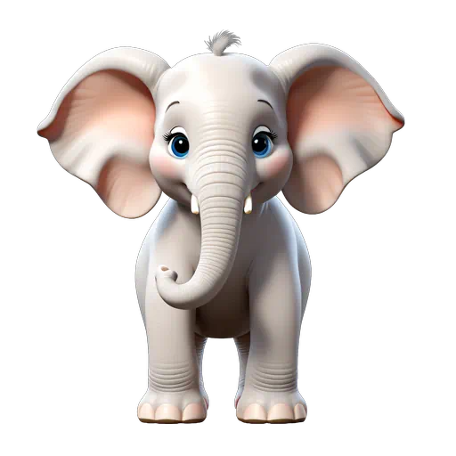 Cute 3D cartoon baby elephant with large ears, blue eyes, and pink cheeks, isolated on a white background.