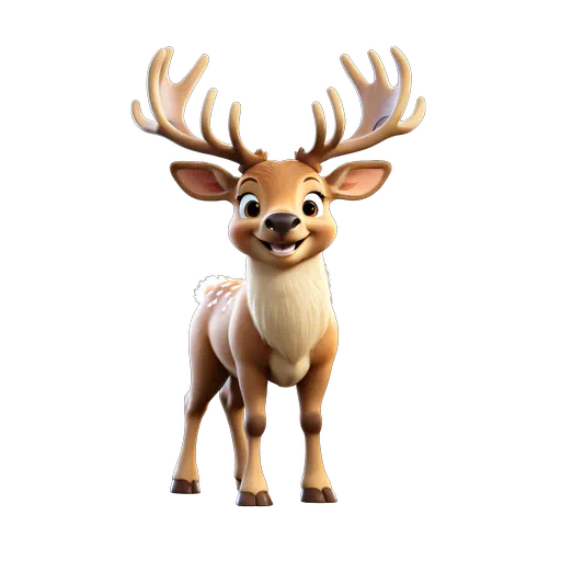 Cute 3D animated tan elk character with large antlers and a friendly smile, stylized cartoon animal illustration.