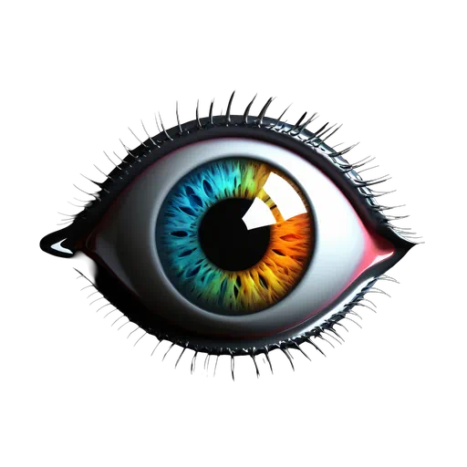 Detailed human eye illustration featuring a split blue and orange iris with long black lashes on white background.