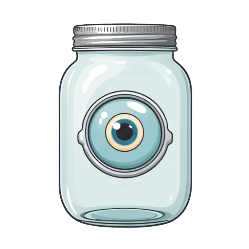 A cartoon-style pale blue eyeball inside a clear glass mason jar with a silver lid on white background.