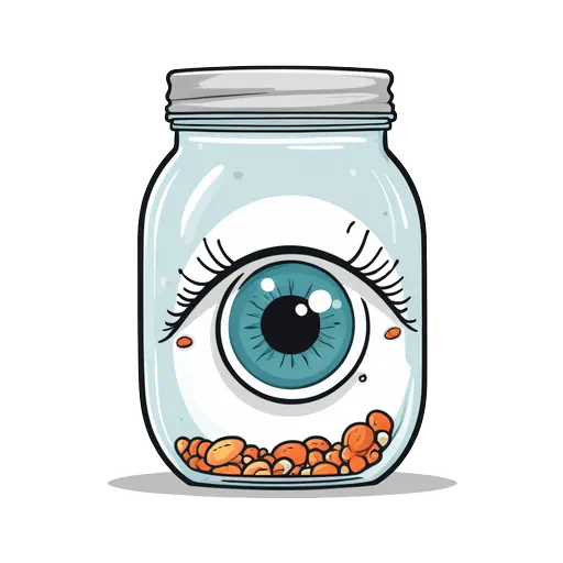 Cartoon blue eyeball with eyelashes in a glass jar with orange pebbles, Halloween sticker clip art style.