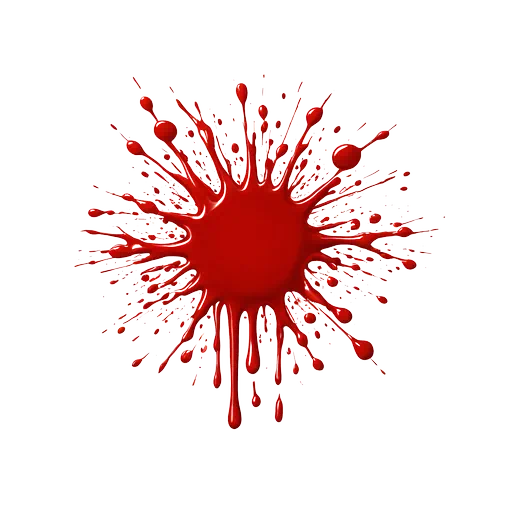 A realistic glossy red blood splatter with liquid drips and spray droplets against a white background.