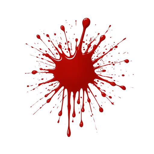Glossy red blood splatter with realistic drips and spray on a white background, illustrative horror style.