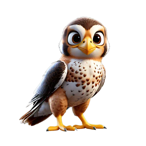 Cute 3D animated falcon character with brown feathers, white spotted chest, and large expressive eyes.