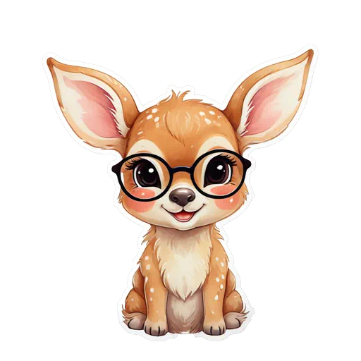 Cute cartoon fawn baby deer wearing large black glasses and smiling, isolated on a white background sticker style.