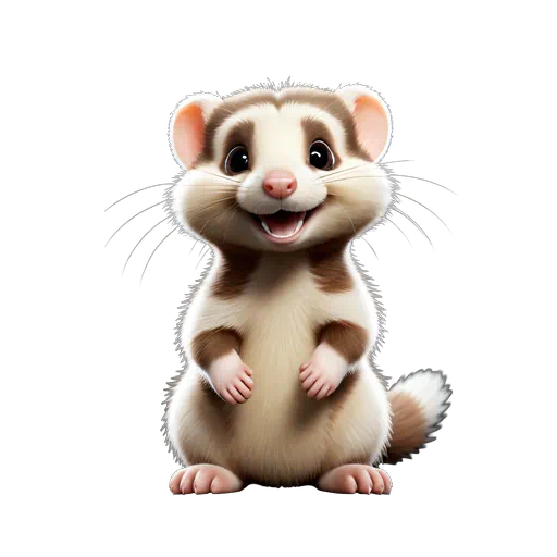 Adorable 3D cartoon ferret with fluffy brown and beige fur, smiling face, and large expressive eyes.