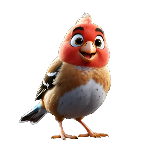 Cute 3D animated red-headed finch bird with brown and white feathers in a friendly illustrative style.