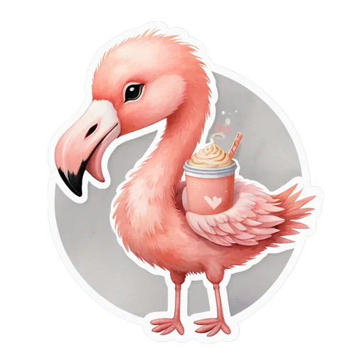 Cute pink flamingo illustration holding a latte cup with a heart, soft watercolor style, sticker with white border.