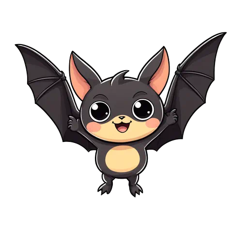 Cute cartoon black bat with large eyes and pink cheeks flying in a kawaii anime style.