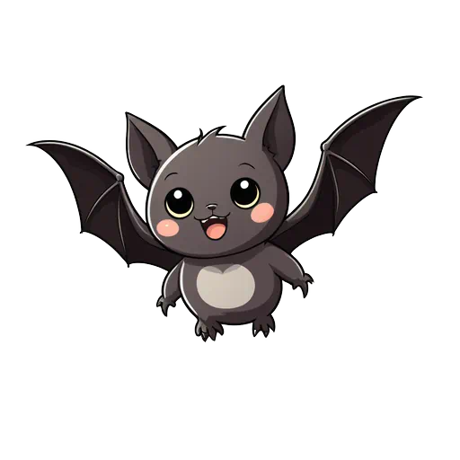 Cute cartoon flying bat with large eyes and pink cheeks in a chibi anime style for Halloween.