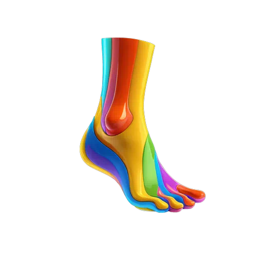Glossy 3D human foot with segmented rainbow colors including red, yellow, and blue in a stylized medical clip art style.