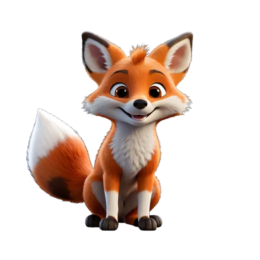 Adorable 3D cartoon orange fox with white markings and large expressive eyes in a friendly pose.