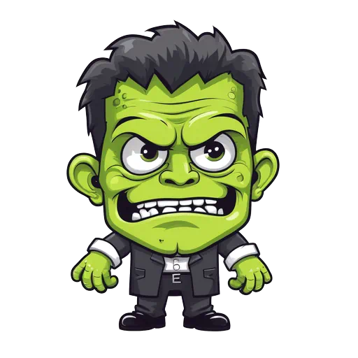 Cartoon green Frankenstein monster with black hair wearing a suit, vibrant illustrative style on a white background.