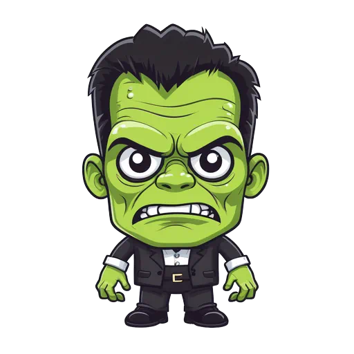 A green cartoon Frankenstein monster with an angry expression wearing a black suit on a white background.