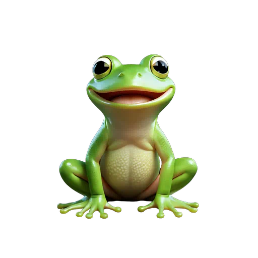 Friendly 3D green frog illustration with a smiling face and glossy texture, isolated on a white background.