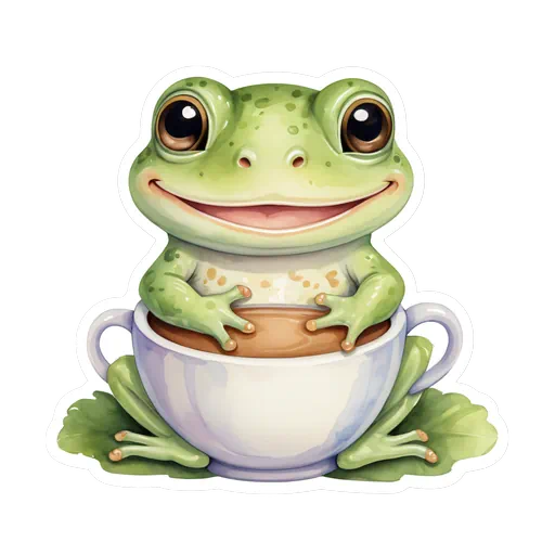 Cute watercolor green frog smiling behind a white coffee cup filled with latte art on a white background.