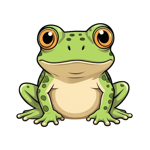 Cute green cartoon frog with large orange eyes and spots, sitting in a friendly pose on white background.
