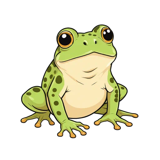 Cute green spotted cartoon frog with large gold eyes and a cream belly in a vector style.