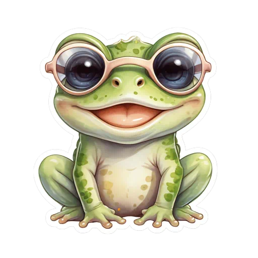 Cute green cartoon frog wearing large round pink glasses with a smile on a white sticker border.