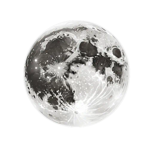 Highly detailed realistic full moon illustration with white craters and black shadows in a circular celestial style.