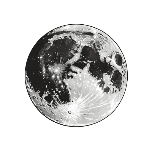 Detailed black and white full moon illustration featuring craters and radiant light highlights in a realistic artistic style.