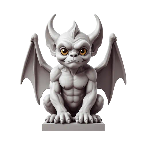 3D rendered grey stone gargoyle sticker with large horns, muscular body, and bright yellow eyes on white background.