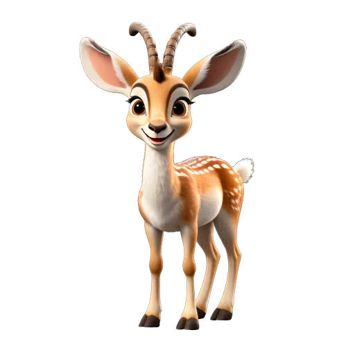 Cute 3D animated tan gazelle with white spots and large eyes, smiling character illustration on a dark background.