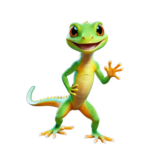 Vibrant green and orange 3D cartoon gecko character smiling and waving, isolated on white background.